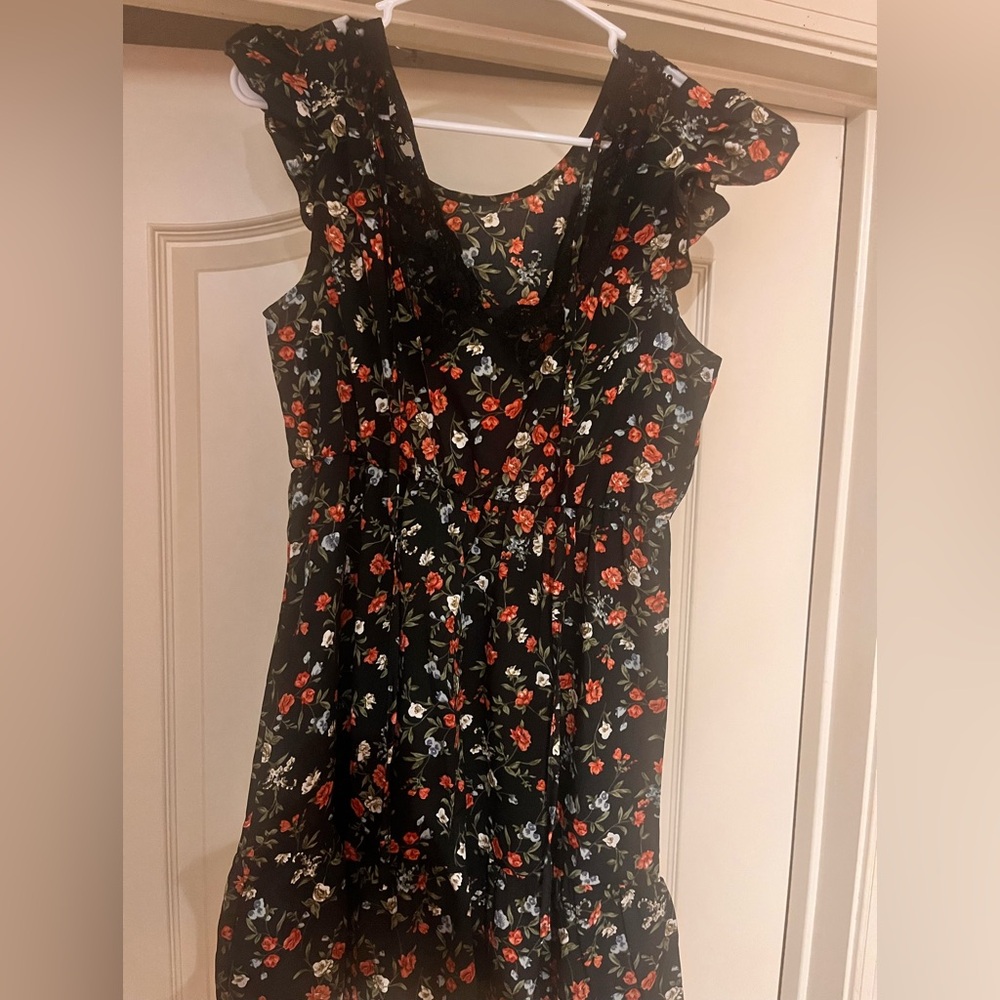 Floral Black Dress with Ruffle Sleeves